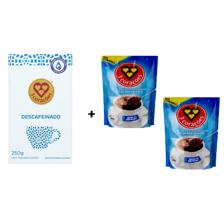 Kit 2 un. Café Solúvel 3 Corações  + 1 pacote 250g café 3 Corações descafeinado vacuo