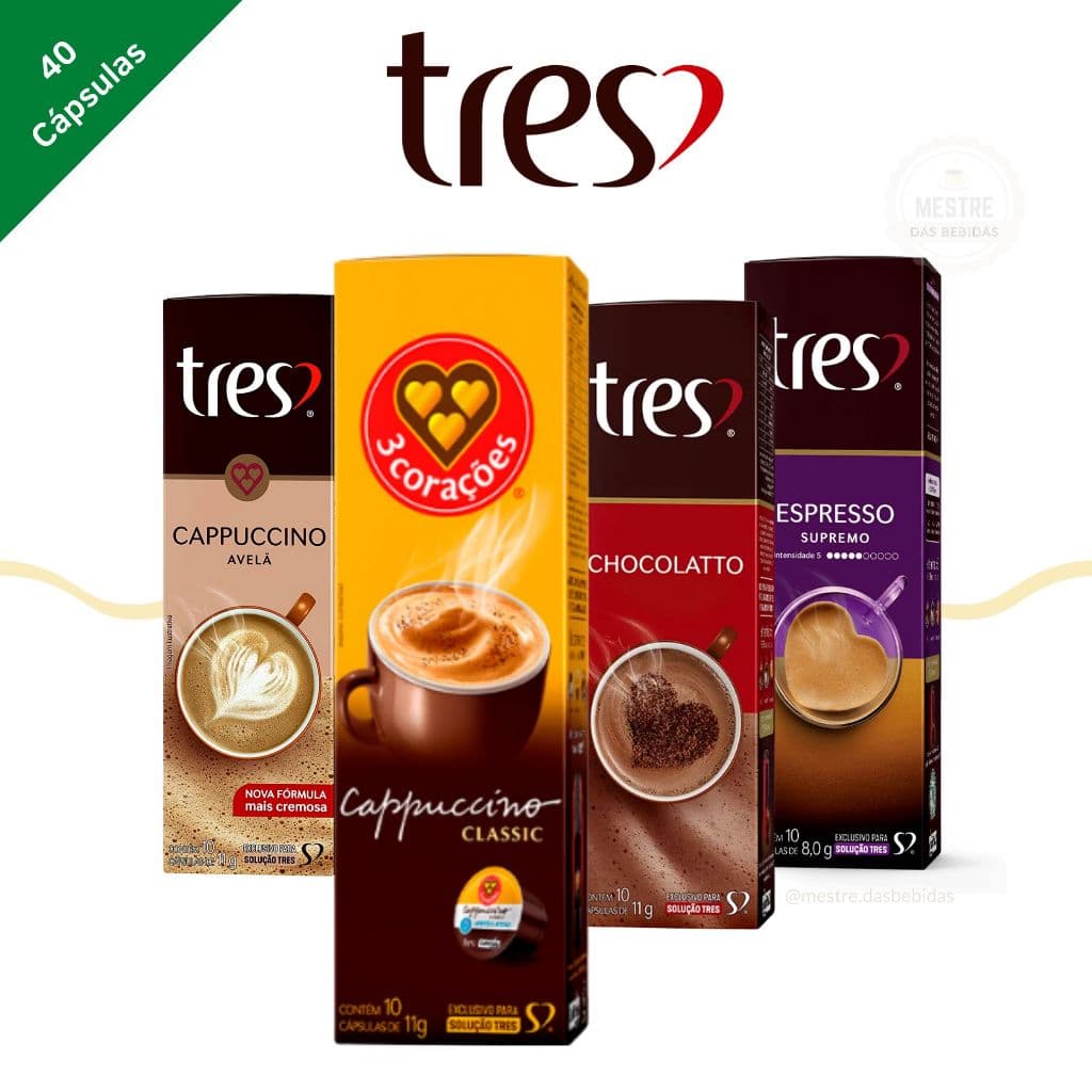 Kit 40 Cápsulas de café TRES Corações - Escolha seu kit - Cappuccino Espresso Filtrado Tradicional