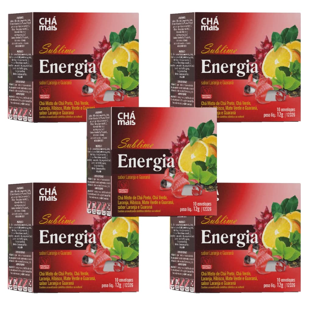 Kit 5 Chás Energia: Chá Preto, Chá Verde, Laranja, Hibisco, Mate Verde e Guaraná - Chá Mais.