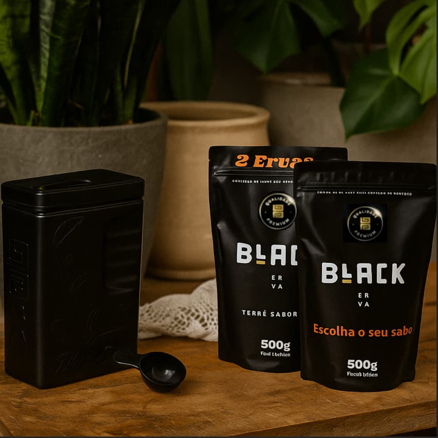 Kit Tereré 2 Ervas Mate Tereré Black Erva + Porta Erva Mate Black Erva 500g Pote Erva Mate Mateira