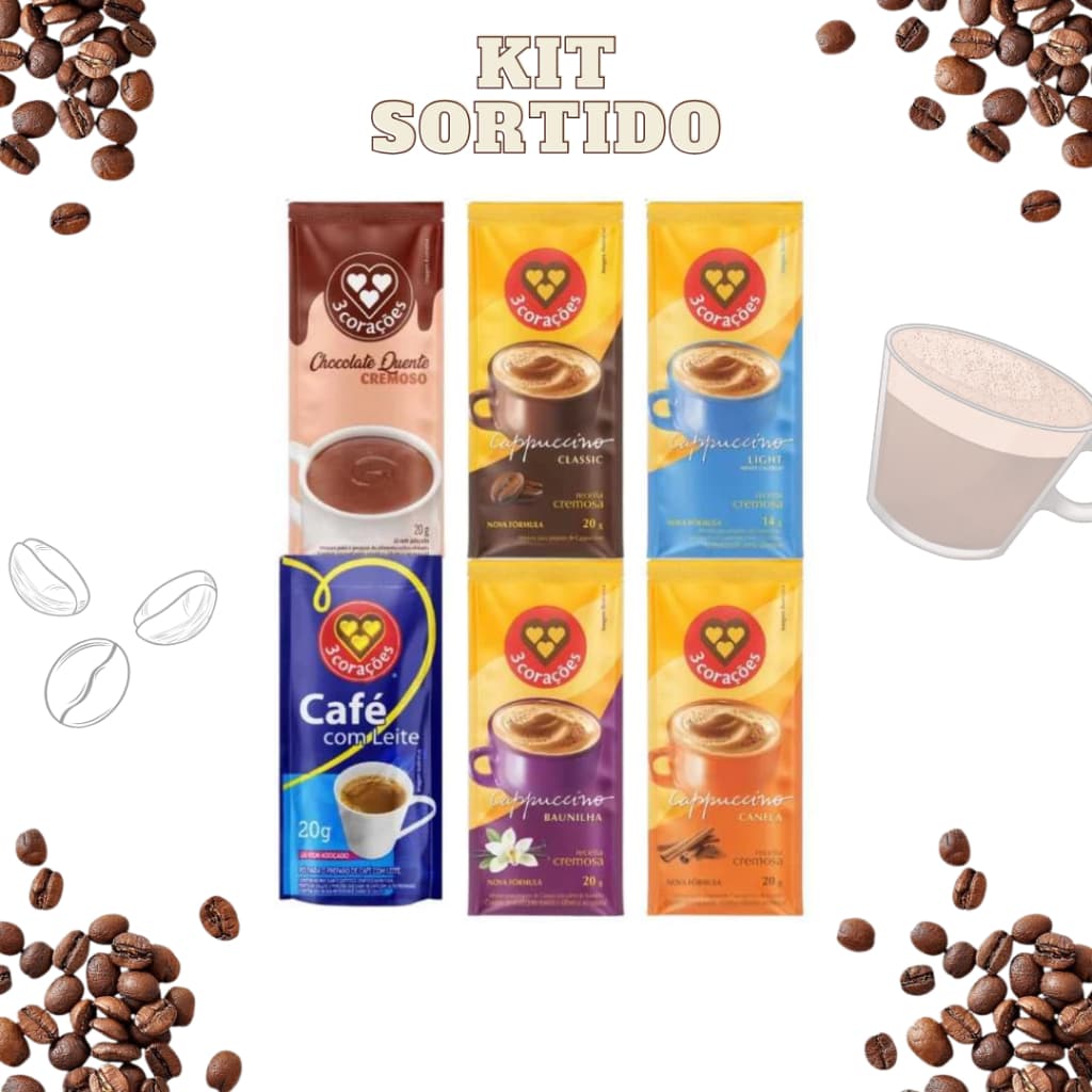 Cappuccino Três Corações 5 / 10 / 20/30 Sachês – Café Cremoso Solúvel,Sabor Autêntico e Praticidade.