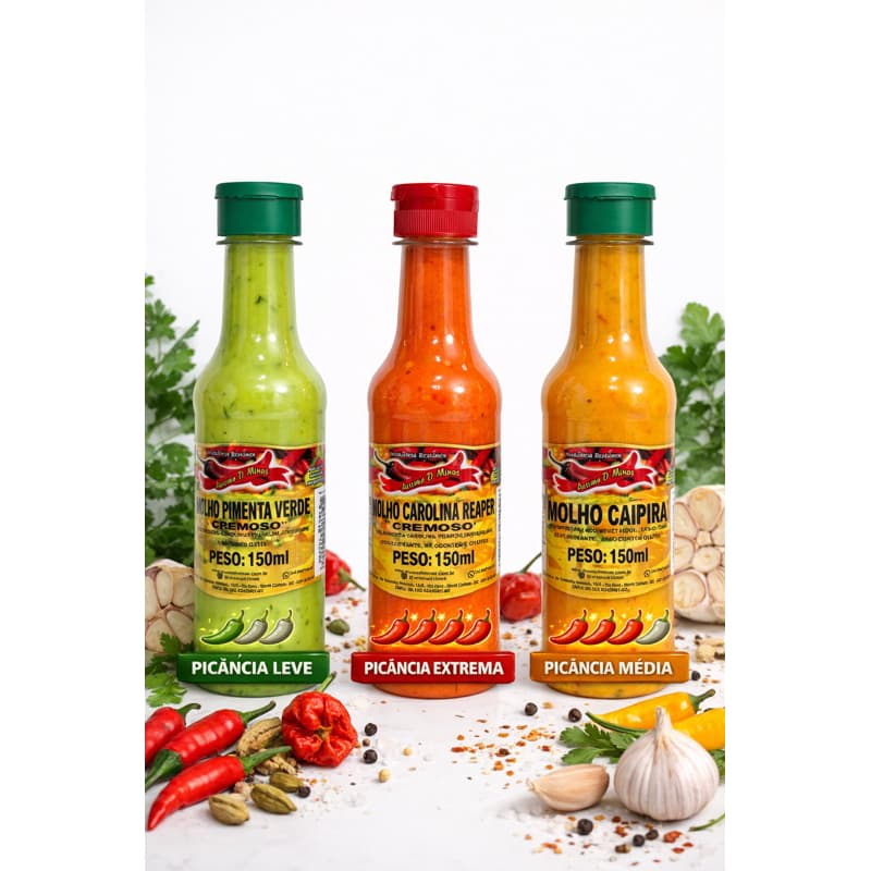 Molho de Pimenta Aroma D’ Minas, Kit com 3un. Molho de Pimenta Verde, Molho de Pimenta Carolina Reaper, Molho Caipira.