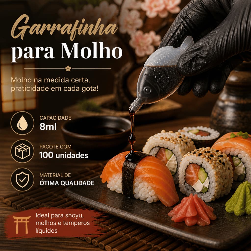 Garrafa Molho Shoyu Peixe 8ml Descartável 100un Garrafinha Molho Oriental Sushi Restaurante Delivery