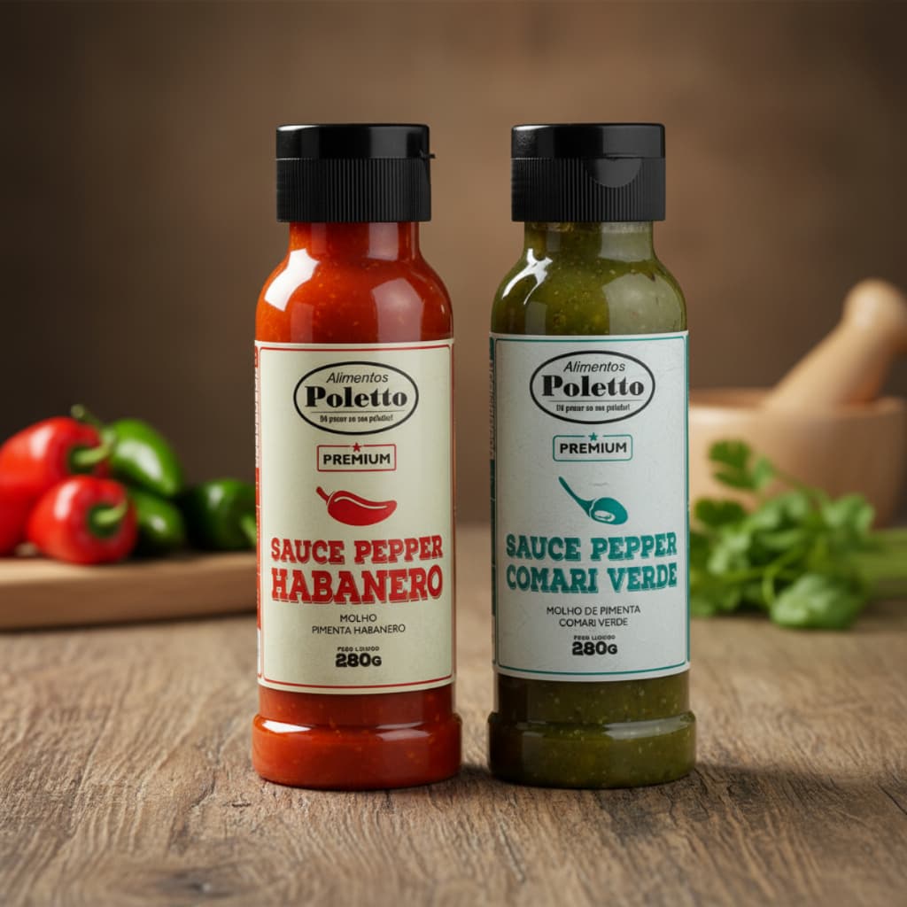Kit Molho de Pimenta Sauce Pepper Poletto Pimenta Habanero e Pimenta Comari Verde